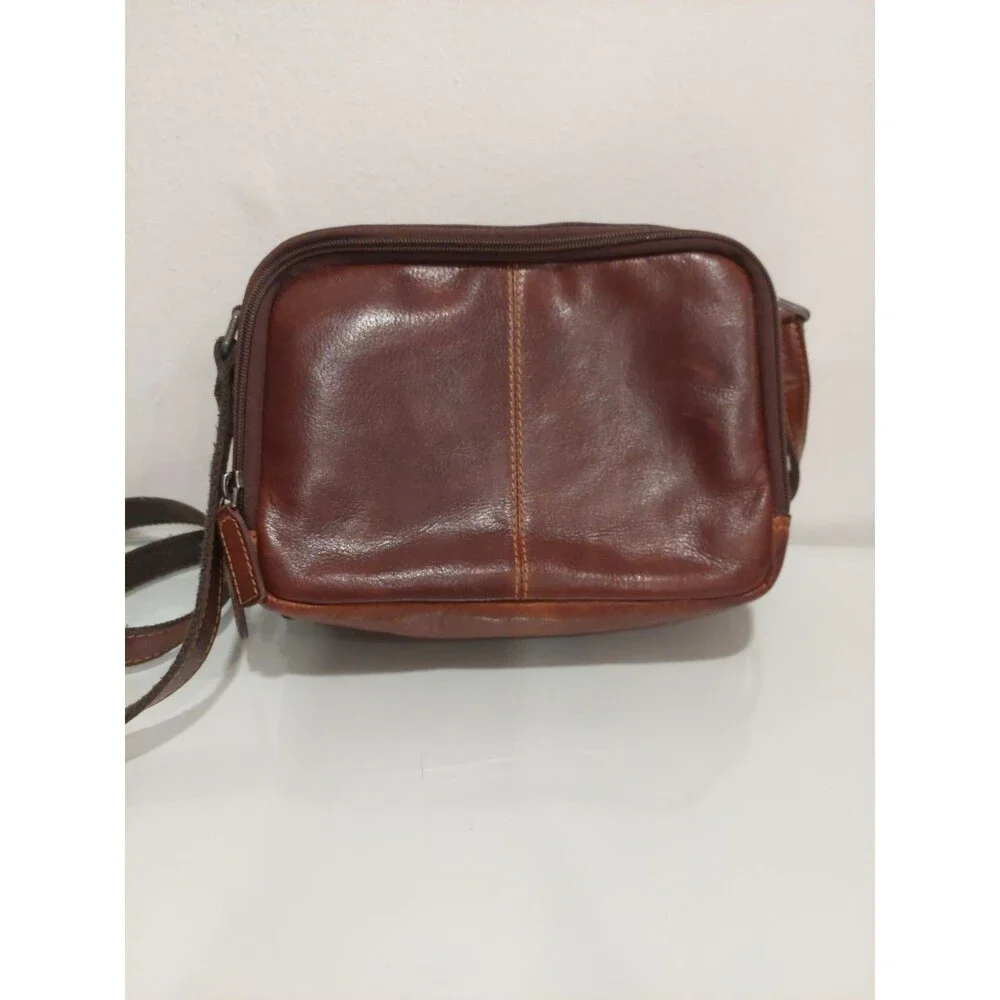 Jack Georges Brown Double Zippered Buffalo Leather Crossbody Bag #7195 EUC